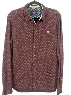 LEVEL TEN Cotton Men's Modern Geometric Print Button Down Shirt Burgundy L